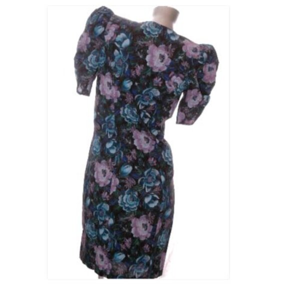 Vintage 80s Midi Dress Cottage Core Puff Sleeves Scallop Black Pastel Floral 7/8 - Picture 8 of 10